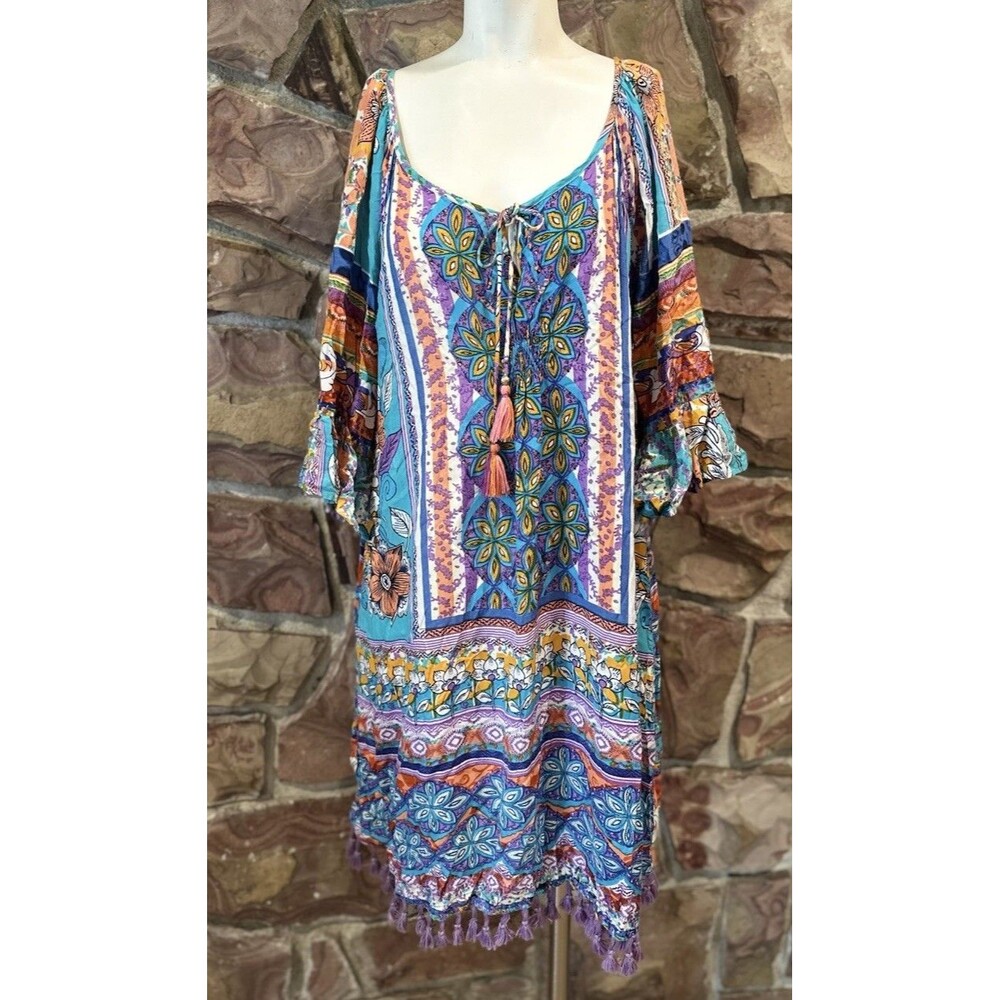 Orientique Naturally Australian Blue Print Pintuck Shift Dress rayon beachie Tun